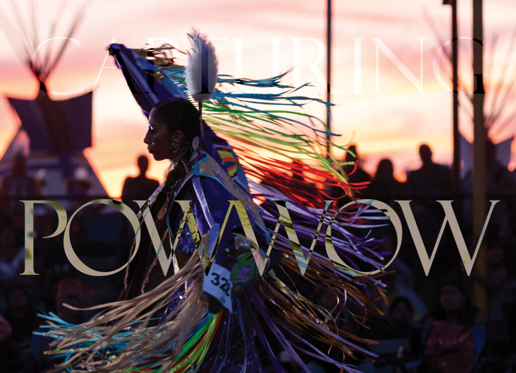 This is a blog post about covering the Samson Cree Nation Pow Wow. This photo is of a dancer with the title of the post in the photo